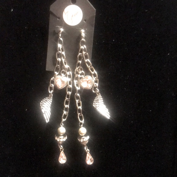 love, Savvy Handcrafted Pink Heart Chained w/ Wings Earrings - Picture 1 of 5